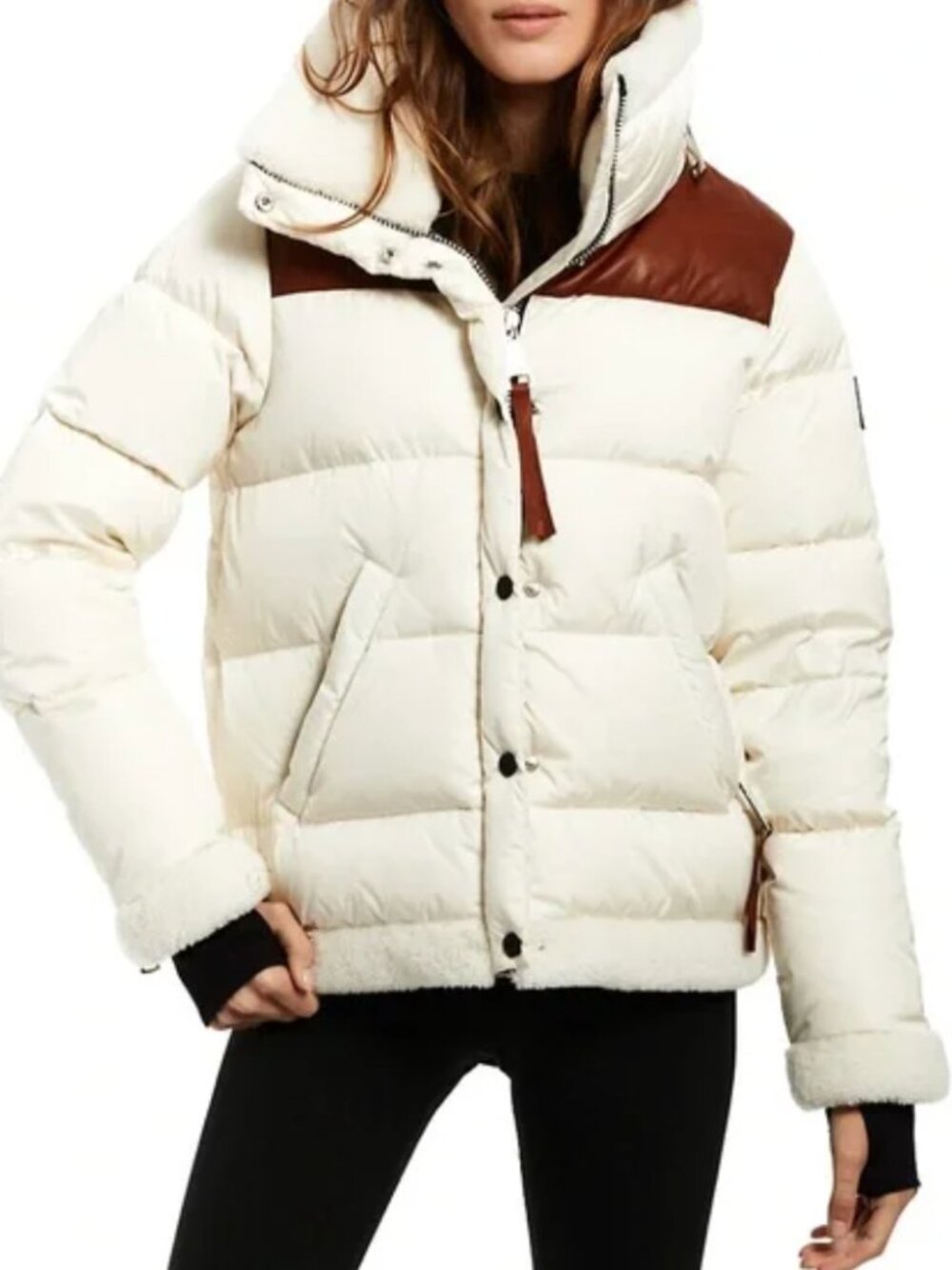 SAM Shearling & Leather White Puffer Coat, Size XS